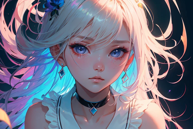 1girl, Black Choker, cute little, (Kpop Idle), (attractiveness:1), (Platinum Blonde Hair:0.8), long hair, ((Puffy eyes)), tenderness, dramatic, intense, Irridescent color, fantasy, (background: Rainbow), sideways, sitting dynamic pose, (Delicate images), (Highly detailed), (high resolution), (Best quality), (masterpiece)
