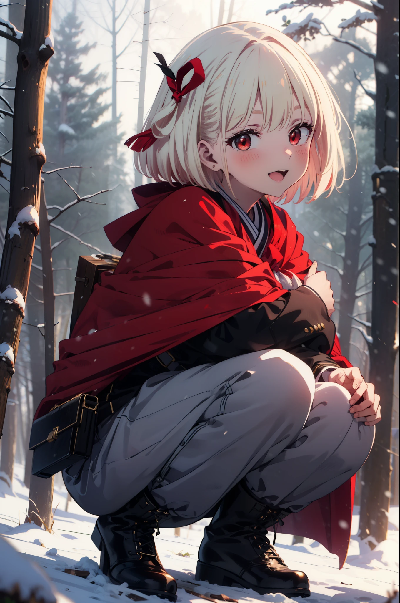 chisatonishikigi, Chisato Nishikigi, short hair, bangs, Blonde, (Red eyes:1.5), hair ribbon, One side up, Bobcut,smile,blush,happy smile, smile, Open your mouth,
White Breath, Open your mouth,snow, A bonfire on the ground, Outdoor, boots, snowing, From the side, wood, suitcase, Cape, Blurred, Increase your meals, forest, White handbag, nature, Squat, Mouth closed, フードed Cape, winter, Written boundary depth, Black shoes, red Cape break looking at viewer, Upper Body, whole body, break Outdoor, forest, nature, break (masterpiece:1.2), highest quality, High resolution, unity 8k wallpaper, (shape:0.8), (Beautiful and beautiful eyes:1.6), Highly detailed face, Perfect lighting, Highly detailed CG, (Perfect hands, Perfect Anatomy),