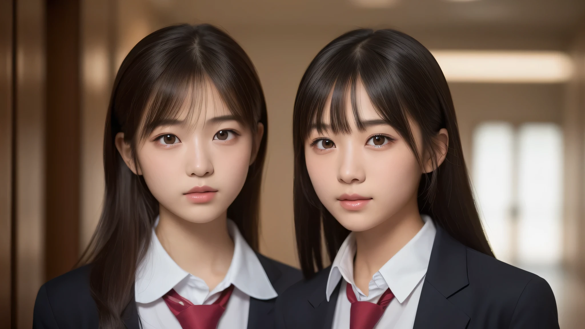 (2girl), brown eyes, air bangs, (highly detailed eyes, highly detailed face), (hyper-realistic, hight resolution), (best Quality:1.4), (high school uniform:1.2), model, Enchanting, Japanese girls school hallway, The setting sun shining through the school hallway, (Fine face:1.2),