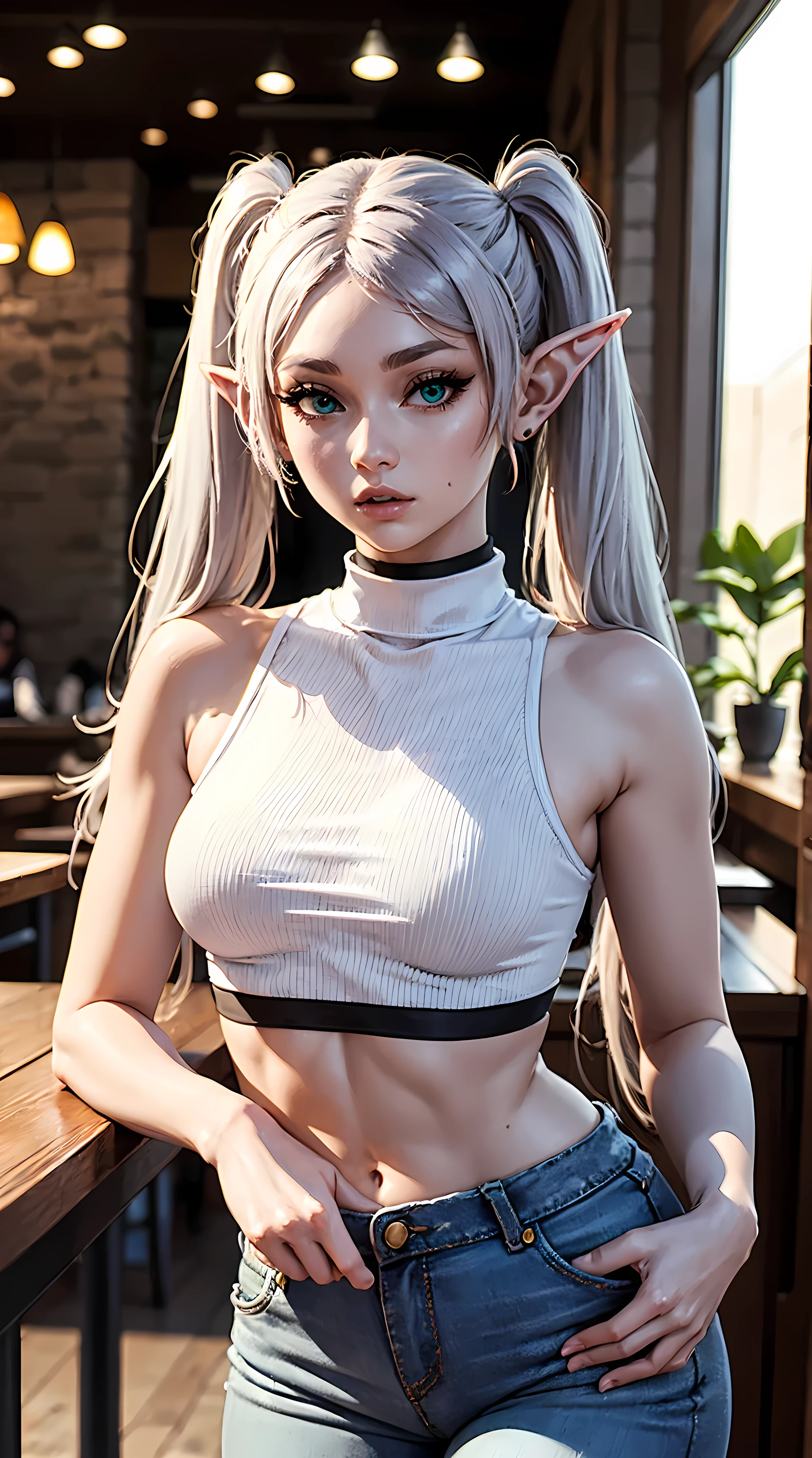 Beautiful white hair woman is shown to have a tiny figure, she is wearing a sexy turtleneck sleeveless tank crop top and jeans, serious look, twin tails, elf ears, green eyes, girl in a coffee shop ,sexy session, sexy pose, cowboy shot, superior quality, many details, realistic