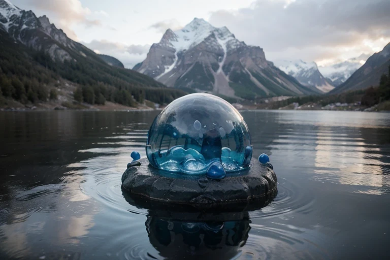 a blue jelly-shaped slime between some mountains