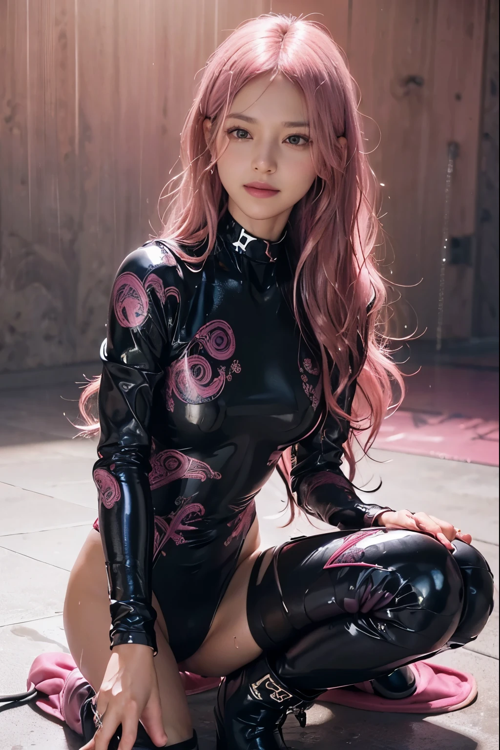 (8K, top-quality, masterpiece:1.2), (realistic, photorealistic:1.37), (super detailed), (one girl), (highly detailed), (beautifully detailed eyes), (of the highest quality), (masterpiece), (detailed face), (20yr old), (pink hair, long hair), (medium breasts), (clothed), (perfect lighting), BREAK, (upper body to knees:1.3), (wavy pink long hair:1.4), (smile:1.2), (bright oasis background:1.2),(heavy rain:1.2),. (even lighting:1.5), (wet:1.3), BREAK, (black and red glossy bodysuit:1.5), (pink Paisley patterns:1.4), (high-neck:1.3), (slim fit silhouette:1.5), (ankle boots:1.4), (platinum choker and ring set:1.2),