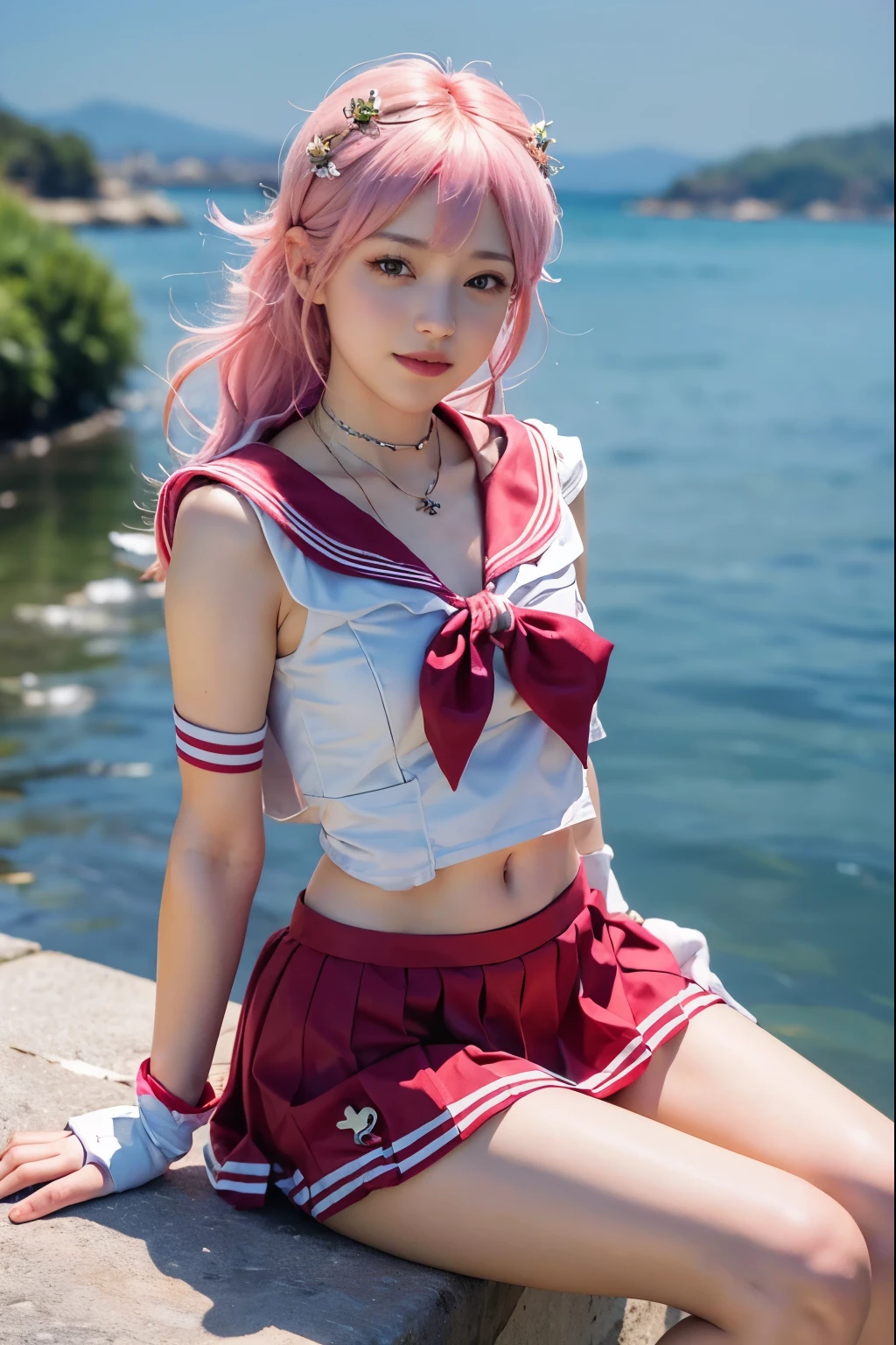 (8K, top-quality, masterpiece:1.2), (reallistic, Photorealsitic:1.37), Super Detail, One girl, (Highly detailed), (beautifully detailed eyes), (of the highest quality), (super detailed), (masterpiece), (Detailed face), 20yr old, 1 girl, (pink hair:1.5, long hair), medium breasts, clothed, Perfect Lighting, BREAK, (tight and shiny sailor outfit:1.5), (navy and white stripes:1.3), (red accents:1.1, (leather-like material:1.4), (no outerwear:1.2), (white sleeveless blouse:1.3), (navy and white striped vest with sailor collar and ribbon:1.4), (navy miniskirt:1.3), (tight upper body and flared lower body silhouette:1.4), (red piping on vest hem:1.2), (white buttons and pleats on skirt:1.2), (lace on blouse collar:1.2), (white knee socks:1.3), (red loafers:1.3), (red hairband and earrings:1.2), BREAK, (upper body to knee range:1.2), (pink hair in side ponytail with red ribbon:1.3), (smiling and looking at the camera:1.2), (leaning on a desk and supporting cheek with one hand:1.3), (classroom scenery with blackboard, window, desk and chair:1.2), (natural light from window:1.2)