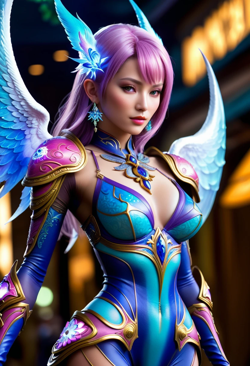 (best quality,4k,highres),(realistic,photorealistic:1.37),(Yoshitaka Amano style:1.1) A woman and her guardian familiar, mystical creature,otherworldly creature,enchanting companions,wearing stylish futuristic clothes,inspired by Phantasy Star Online. The woman is the central focus, with her eyes brightly colored and her facial features elegantly detailed. Her lips are painted with a vibrant shade, adding to her allure. Dressed like a Phantasy Star Online character. She is accompanied by a guardian familiar, a mystical creature with exquisite anatomical features. The creature's presence adds a sense of wonder and magic to the scene. The woman and her companion stand in a mesmerizing and bustling city. The colors are vibrant, with a mixture of blues, purples, and pinks creating a dreamlike atmosphere. The lighting is soft but illuminating, casting a gentle glow on both the woman and the creature. The overall composition has a realistic and photorealistic quality, capturing the essence of the scene in intricate detail. The art style is inspired by Yoshitaka Amano, known for his ethereal and otherworldly illustrations. The combination of realistic elements with the artist's unique style creates a captivating and visually stunning image.