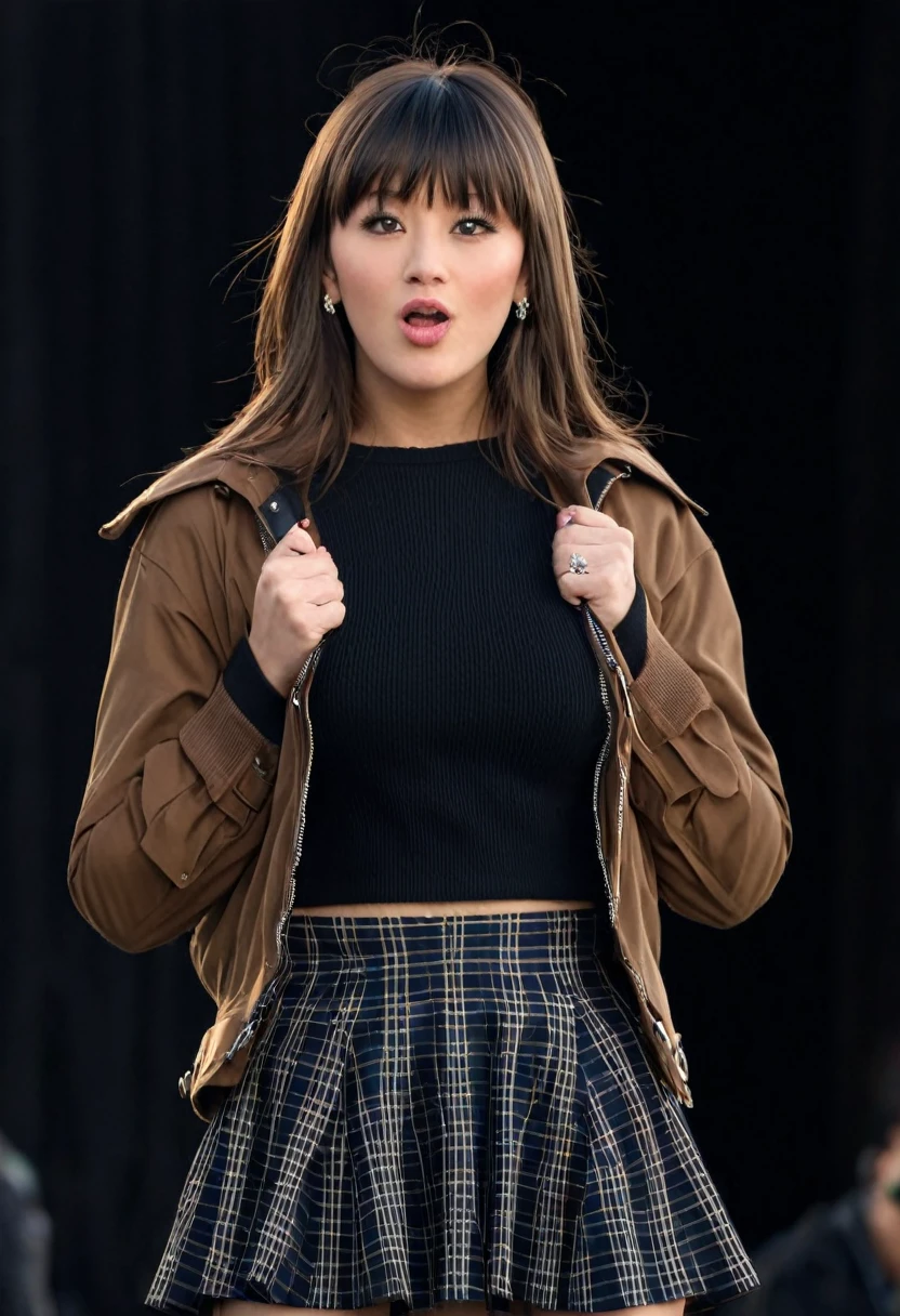 double,, , 1 Girl, Bangs, black blurred background, breast, Brown eyes, Brown hair, brown jacket, Shut up, Outdated, sky, Depth of Field, earrings, eyelash, hands up, Head tilt, jacket, jewelry, Long hair, Long sleeve, Looking at the audience,plump, medium breast, Nail polish, Open your clothes, open jacket, outdoor, Pursed lips, shirt tucked in, Side lock, skirt, Sleeves over wrists, Solitary, sweater, Upper Body, zipper, , , ((masterpiece)), ,