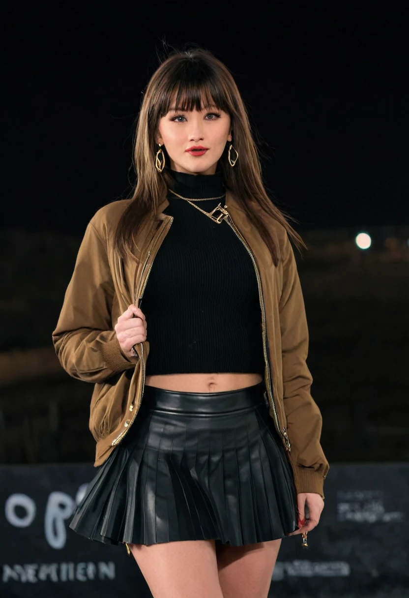 double,, , 1 Girl, Bangs, black blurred background, breast, Brown eyes, Brown hair, brown jacket, Shut up, Outdated, sky, Depth of Field, earrings, eyelash, hands up, Head tilt, jacket, jewelry, Long hair, Long sleeve, Looking at the audience,plump, medium breast, Nail polish, Open your clothes, open jacket, outdoor, Pursed lips, shirt tucked in, Side lock, skirt, Sleeves over wrists, Solitary, sweater, Upper Body, zipper, , , ((masterpiece)), ,