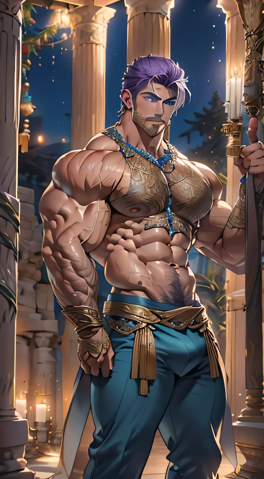 (muscular male, mature man, perfect body, delicate and beautiful detailed face, short blonde hair, blue eyes, lustrous tanned skin, open blue toga, Arab jewelry, bulge in pants, intricate outfit, dynamic pose, embarrassed, room in a Greek temple, winter decorations, glossy winter ornaments, photorealistic artwork, extremely detailed, vibrant colors, masterpiece, best quality)
The image showcases a muscular male with a mature and perfect physique. He has a delicate and beautiful detailed face with short blonde hair, blue eyes, and lustrous tanned skin. He is wearing an open blue toga with Arab jewelry, revealing his muscular chest and a bulge in his pants. The intricate outfit is complemented by the winter decorations in the room of a Greek temple, featuring glossy winter ornaments. The dynamic pose and embarrassed expression add to the overall allure of the image. The photorealistic artwork is extremely detailed, with vibrant colors and a masterpiece quality that makes it stand out as the best quality image. Purple hair