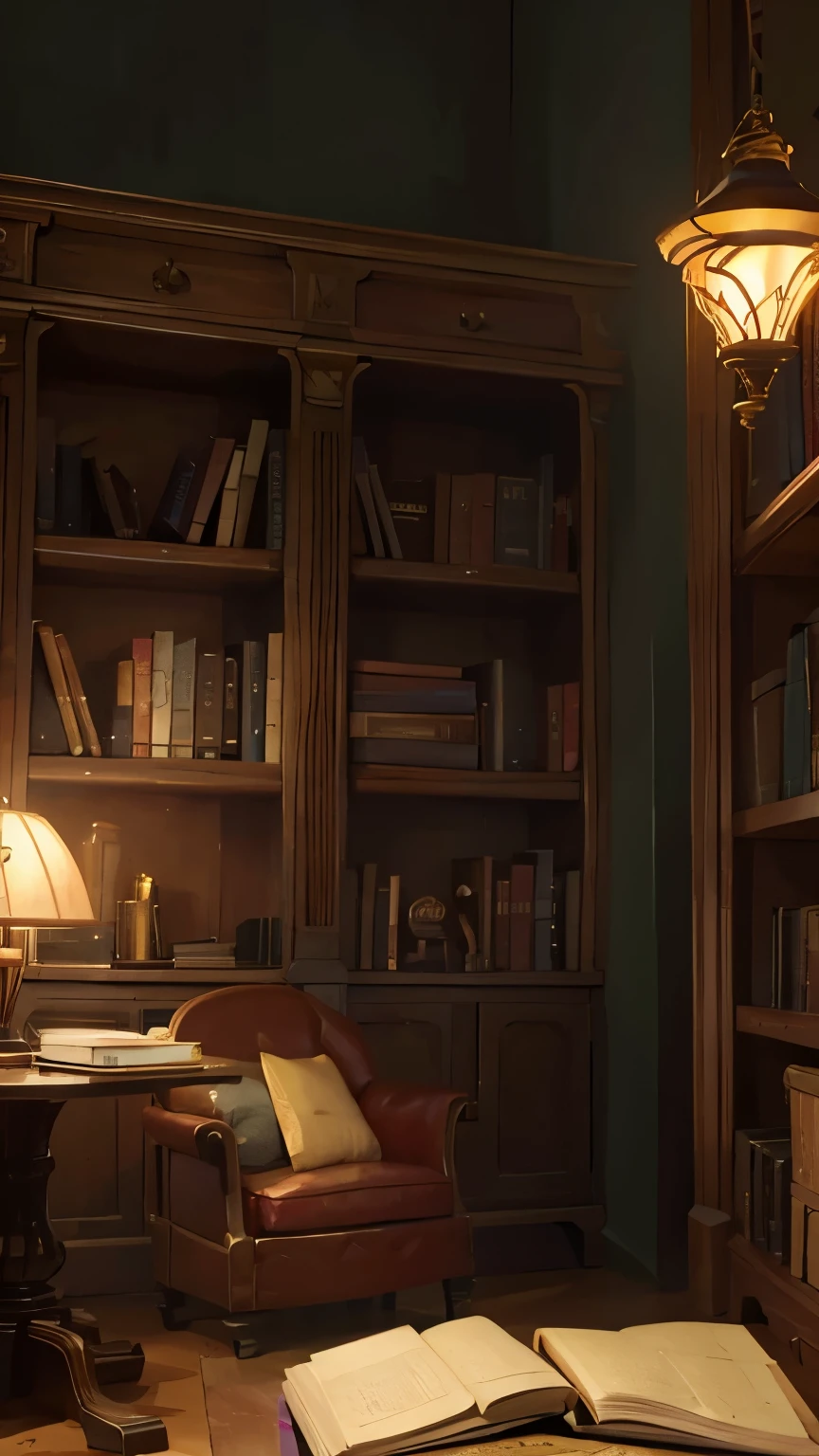 A large library, des tables de lecture, des petites lampes de lecture. Style fortnite