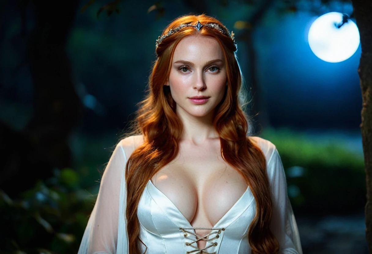 High quality medium shot portrait photo of a ginger high elven princess with perfect lips and (massive_breasts:1.3), (illuminated by moonlight), Nikon Z9, skin texture visible, (sharp focus), (high quality), long luscious hair, wearing an elegant white  translucent gown