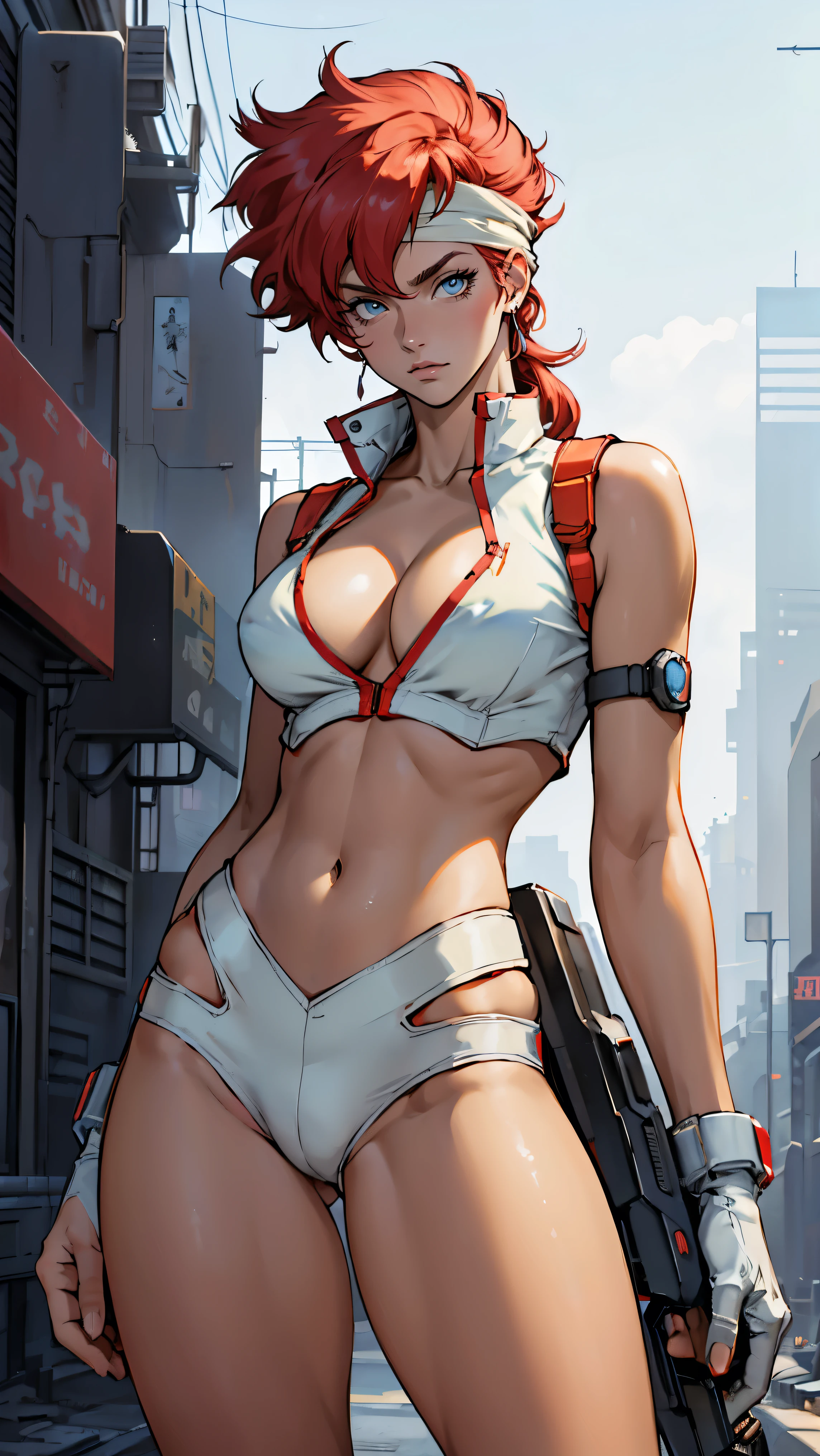 ((Masterpiece, highest quality; 1.3)), super quality, beautiful detail, super detailed, extra fine, 16K, exquisite, absurd, high resolution, beautiful background, detailed background, beautiful eyes, beautiful skin, anime style, Kay from Dirty Pair in a white outfit, tight outfit, cleavage, bushy redhead beauty, very light blue uniform, wearing tight clothes, skimpy, (mid chest: 1.2), cleavage, cleavage, slim waist , thin waist, slim thighs, thin legs, slim legs. thigh gap, showing stomach, skinny, thin hips, cyberpunk city background, retro space gun holding, headband,
