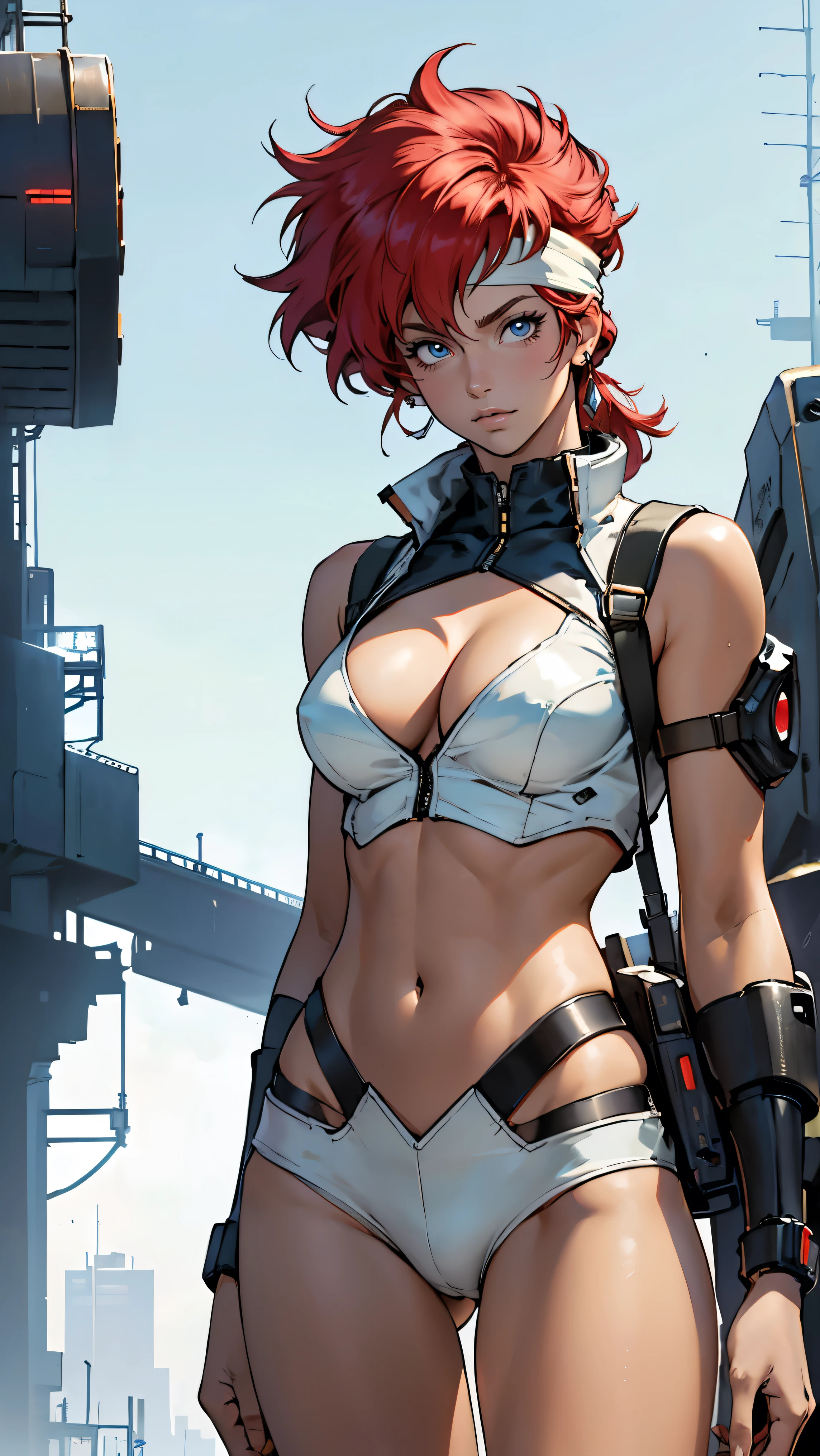 ((Masterpiece, highest quality; 1.3)), super quality, beautiful detail, super detailed, extra fine, 16K, exquisite, absurd, high resolution, beautiful background, detailed background, beautiful eyes, beautiful skin, anime style, Kay from Dirty Pair in a white outfit, tight outfit, cleavage, bushy redhead beauty, very light blue uniform, wearing tight clothes, skimpy, (mid chest: 1.2), cleavage, cleavage, slim waist , thin waist, slim thighs, thin legs, slim legs. thigh gap, showing stomach, skinny, thin hips, cyberpunk city background, retro space gun holding, headband,