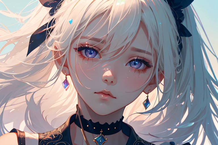 1girl, Black Choker, cute little, (Kpop Idle), (attractiveness:1), fashionable, (Platinum Blonde Hair:0.8), long hair, ((Puffy eyes)), beautiful detail eyes, tenderness, dramatic, intense, Irridescent color, fantasy, (background: Rainbow), sideways, sensual pose, (Delicate images), (Highly detailed), (high resolution), (Best quality), (masterpiece)
