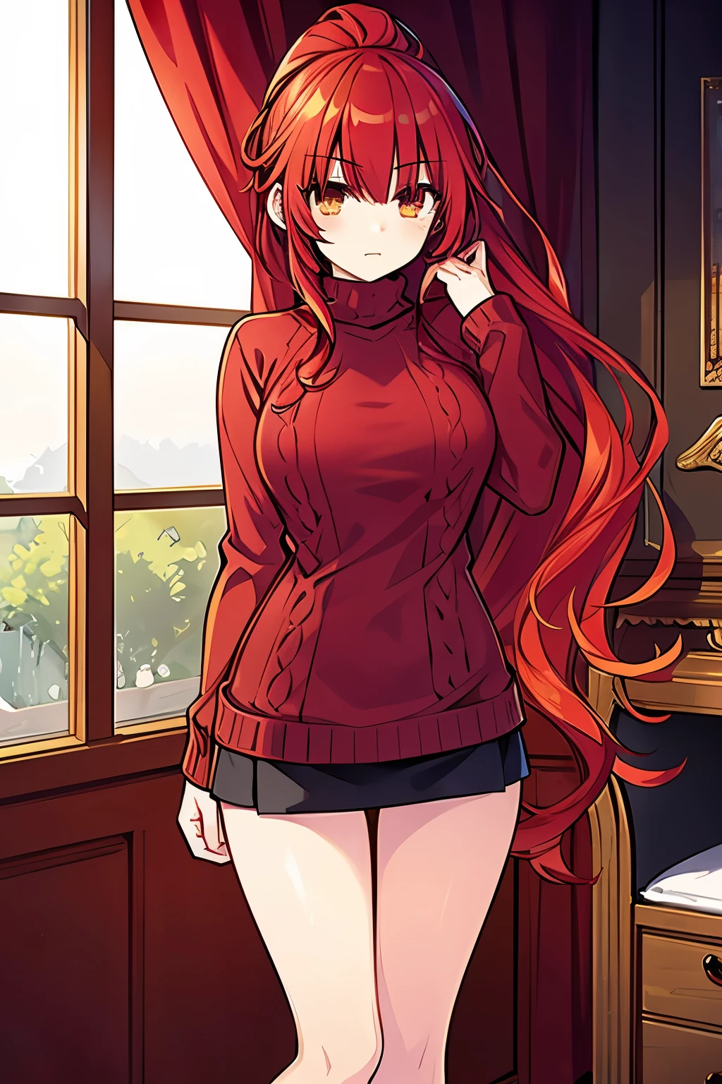 Masterpiece, best quality, 1girl, finely detailed, tall girl, red hair, wavy hair with a large ponytail, golden eyes, gentle expression, clothes: aran sweater