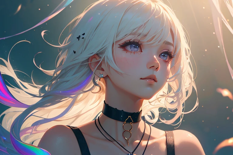 1girl, Black Choker, cute little, (Kpop Idle), (attractiveness:1), fashionable, (Platinum Blonde Hair:0.8), long hair, ((Puffy eyes)), beautiful detail eyes, tenderness, dramatic, intense, Irridescent color, fantasy, (background: Rainbow), sideways, sensual pose, full shot, (Delicate images), (Highly detailed), (high resolution), (Best quality), (masterpiece)
