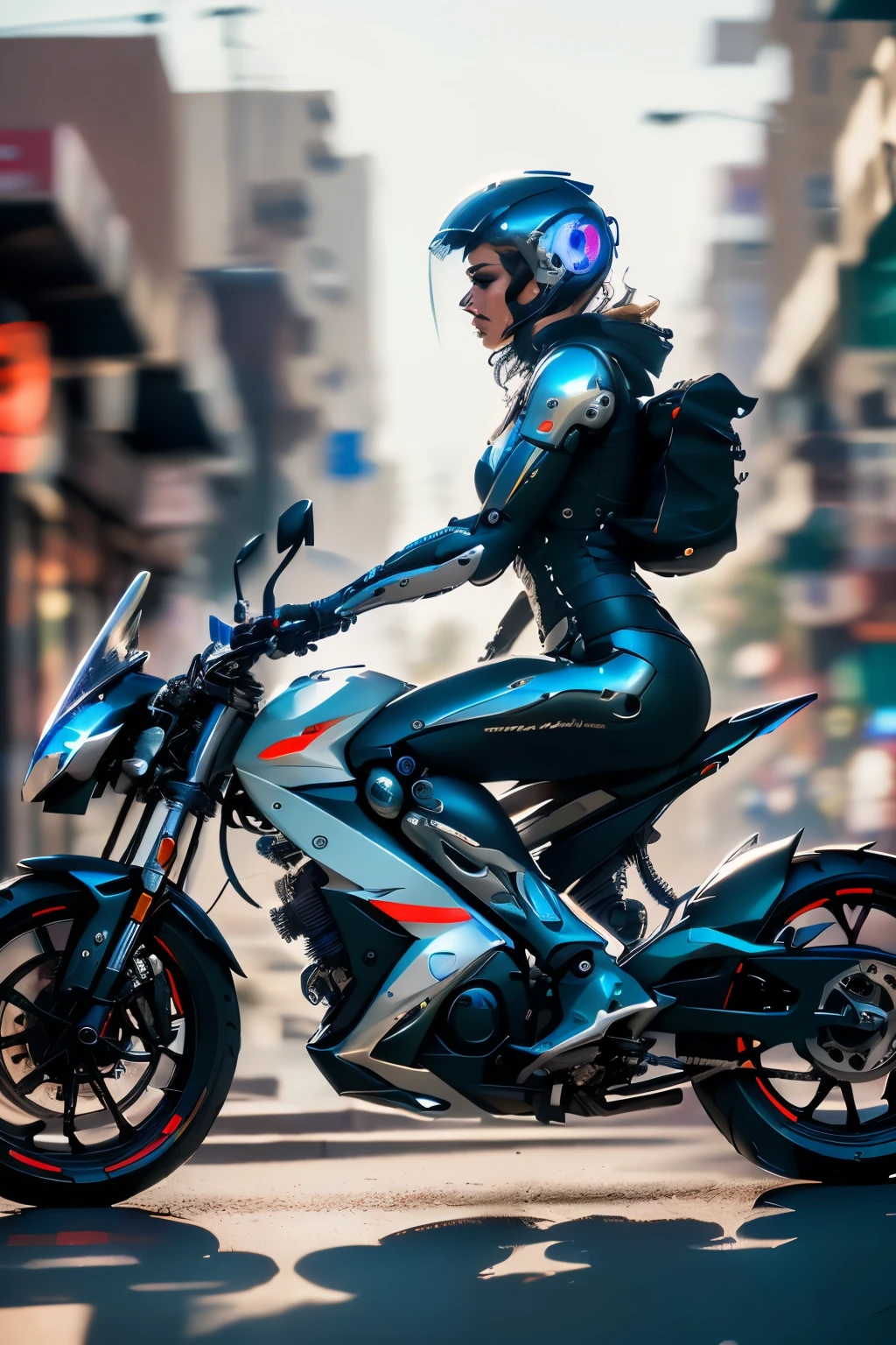 A female cyborg riding a high-tech motorcycle on the street, (side view:1.2), (best quality, high quality, absurdres, masterpiece:1.2), beautiful, intricate details, magnificent anatomy, slim body, beautiful figure, (intricate details:1.12), (intricate details, hyper-detailing:1.15), (natural skin textures, hyper realistic, soft light, sharp:1.2), HDR