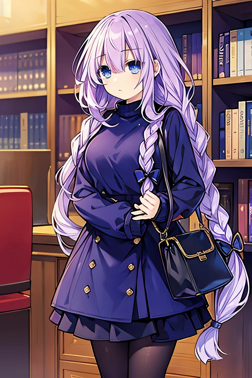 masterpiece, best quality, 1girl, finely detailed, light purple hair, big hair with a single braid, blue eyes, sleepy face, clothes: baggy sweater with a skirt and stockings, in a library