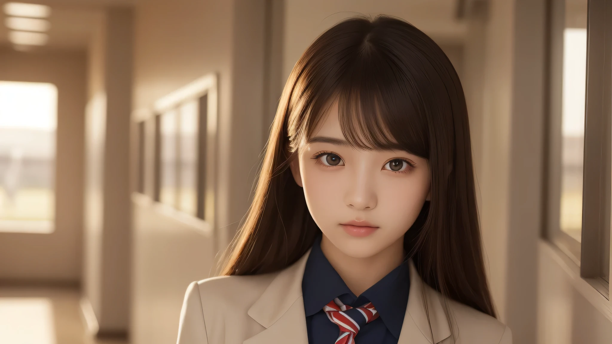 (2girl), brown eyes, air bangs, A very neat face, a sense of cleanliness, (highly detailed eyes, highly detailed face), (hyper-realistic, hight resolution), (best Quality:1.4), (high school uniform:1.2), model, Enchanting, Japanese girls school hallway, The setting sun shining through the school hallway, (Fine face:1.2),