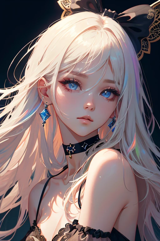 1girl, Black Choker, cute little, (Kpop Idle), (attractiveness:1), fashionable, (Platinum Blonde Hair:0.8), long hair, beautiful detail eyes, dramatic, intense, Irridescent color, (background: Rainbow), sideways, sensual pose, full shot, (Delicate images), (Highly detailed), (high resolution), (Best quality), (masterpiece)
