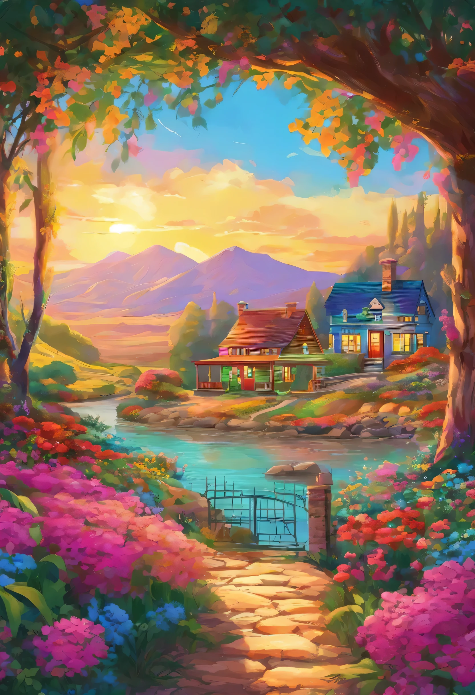 Cottage Painting, Flowers by the fence, Fence along the road, Mountain landscape with lake and boat, Illustration Matte Painting, Inspired by Thomas Kinkade, Symmetrical Matte Paint, Detailed view , Style Raw, 8K Ultra High Definition, Environmental design illustration, Landscape painting (details), Seaside scenery, Concept Art, Highly detailed digital art in 4K, 4K Digital Painting, 4K Digital Painting, Amazing digital illustrations, Desert Background, Digital Painting Concept Art, Detailed digital painting