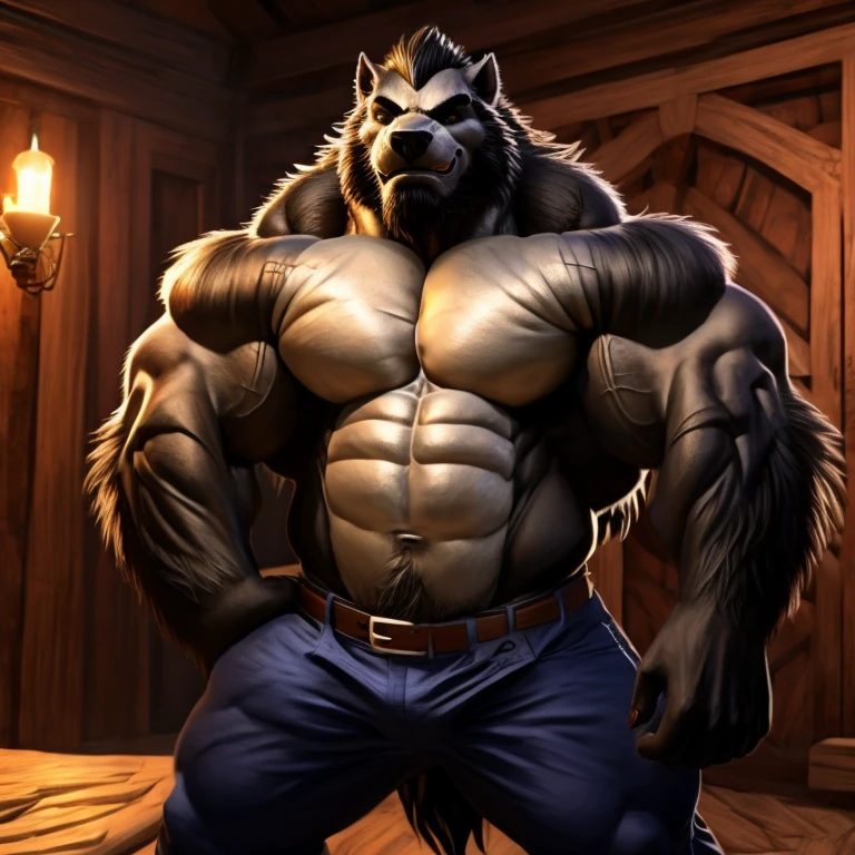 Lobo macho, pelo preto, olhos amarelos, musculos enormes, musculos detalhados, WEARING PANTS, segurando duas espadas, olhando para o espectador, (fotorealista), em uma floresta em baixo do brilho do luar com uma pose sex
