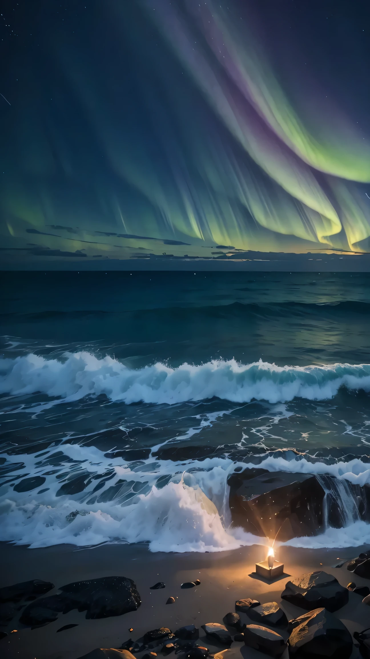 Playa, universo, estrellas, auroras, luminiscencia, rocas, olas, noche, magia