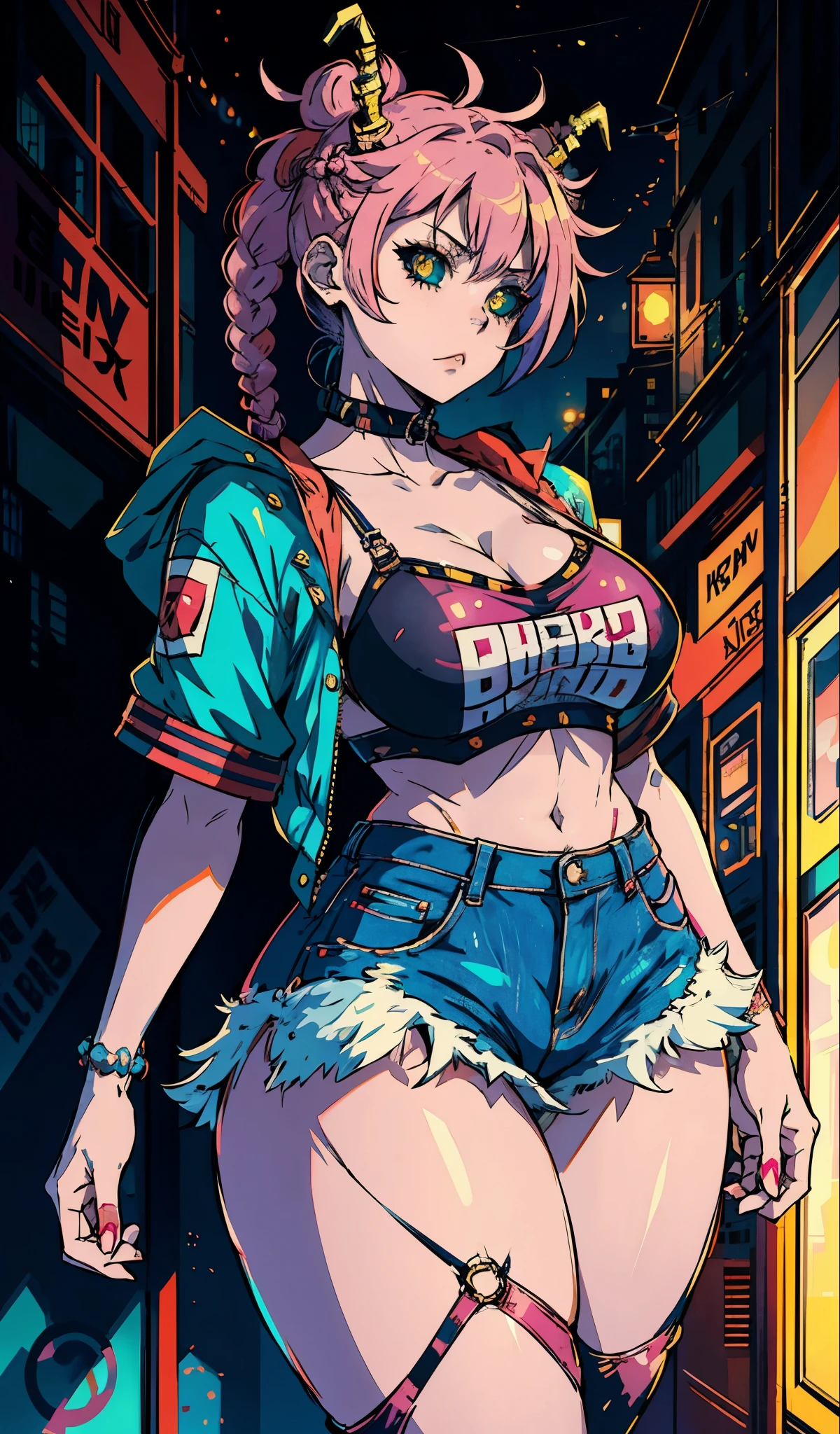 kyotopunk, cyberpunk, anime style, 1girl, woman, punk bad girl, cameltoe, [:wild, seductive costume design,:0.2], bombshell punk hair, neon sunset hair, U-cut, denim skirt, bombshell hair, neon crimson hair, french braids,Tri-Braided Bun, thick thighs, narrow waist, japanese