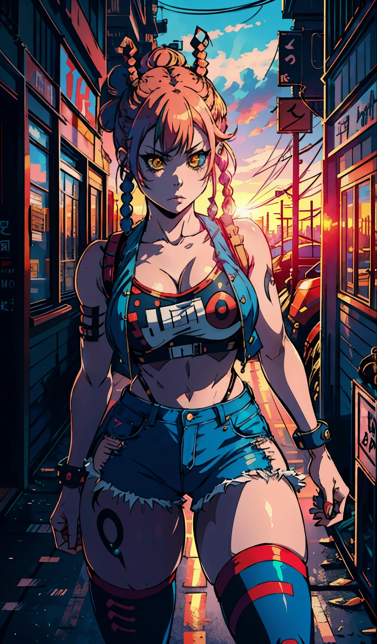 kyotopunk, cyberpunk, anime style, 1girl, woman, punk bad girl, cameltoe, [:wild, seductive costume design,:0.2], bombshell punk hair, neon sunset hair, U-cut, denim skirt, bombshell hair, neon crimson hair, french braids,Tri-Braided Bun, thick thighs, narrow waist, japanese