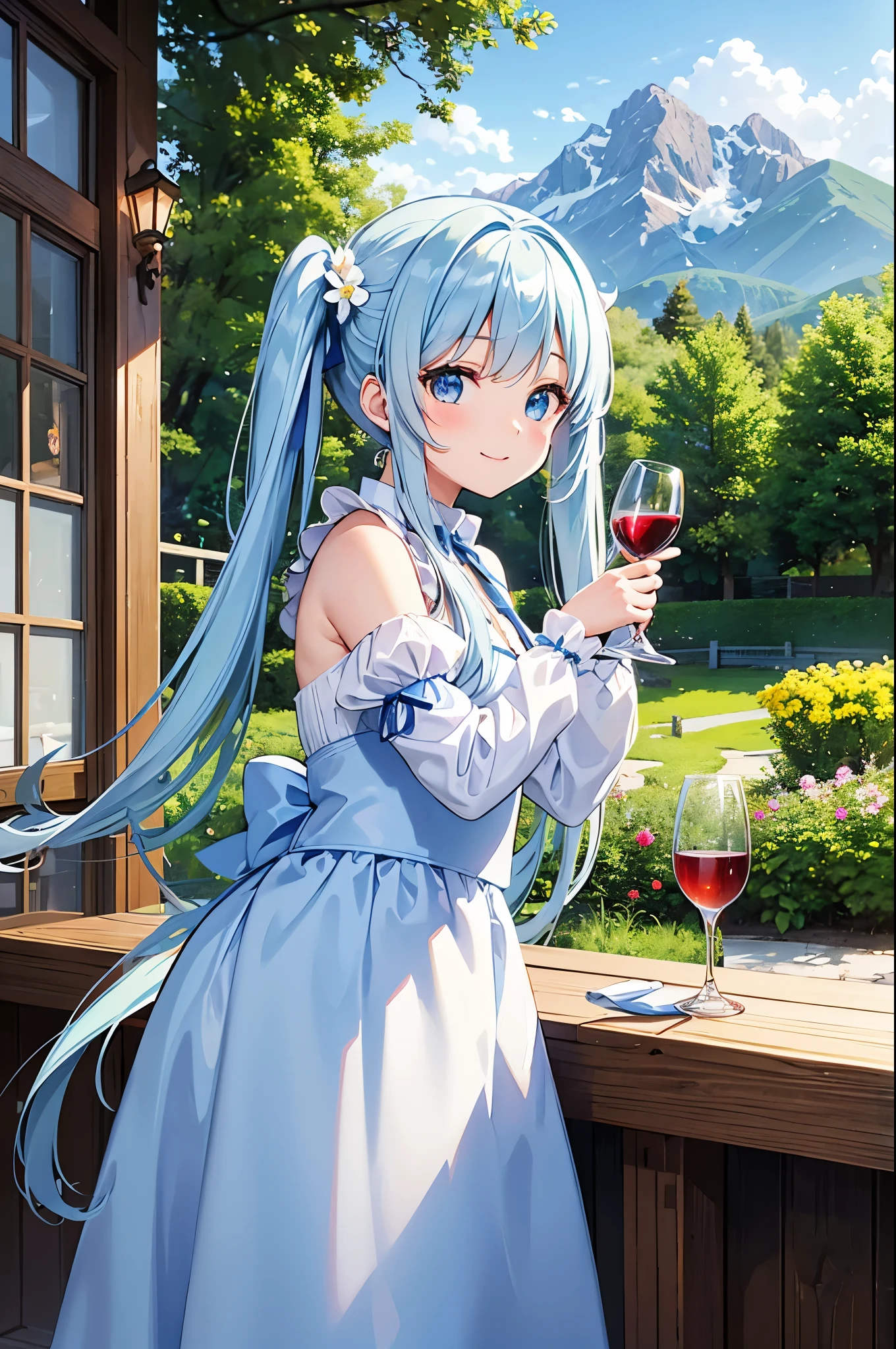Light blue long hair、Beautiful girl with twin tails、Beautiful girl and cute squirrel、Cute Costumes、drinking wine from a wine glass、Looking at a beautiful girl、Flower Garden Cafe、Mountain ranges can be seen、Happy smile、Delicious food、