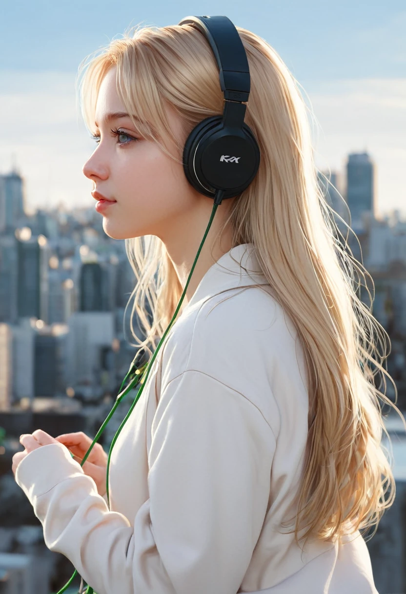 (masterpiece), (best quality, high resolution, Very detailed, illustration), 1 Girl, Solitary, City, contemporary, Profile picture close-up, Long blonde beige hair, Green Eyes, Beautiful and delicate eyes, Squat, earphone, 8k, Popular on artstation, Pixiv Featured