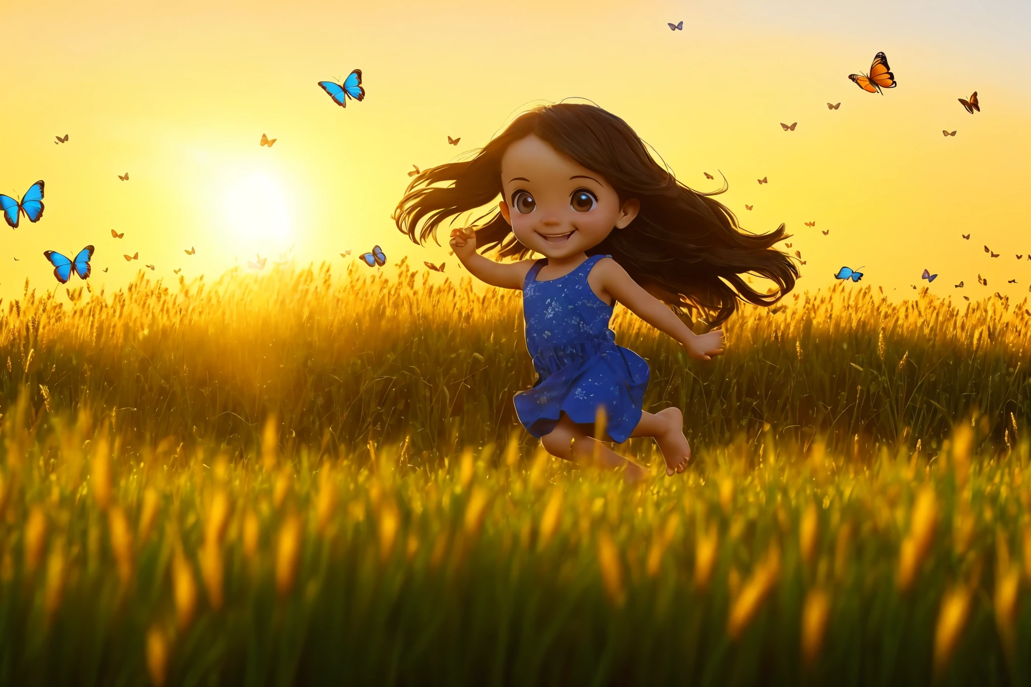 (masterpiece), 1girl, young, brown hair, long hair, smile, barefeet, arms stretched, running on foot through a wheat field, butterflies with various colors, (bloom), bokeh, warm color tones, blue sky, lens flare, blurred foreground, morning, field of depth, wide angle, cinematic, , dutch angle, chibi style, (Perfect hands, Perfect feet)