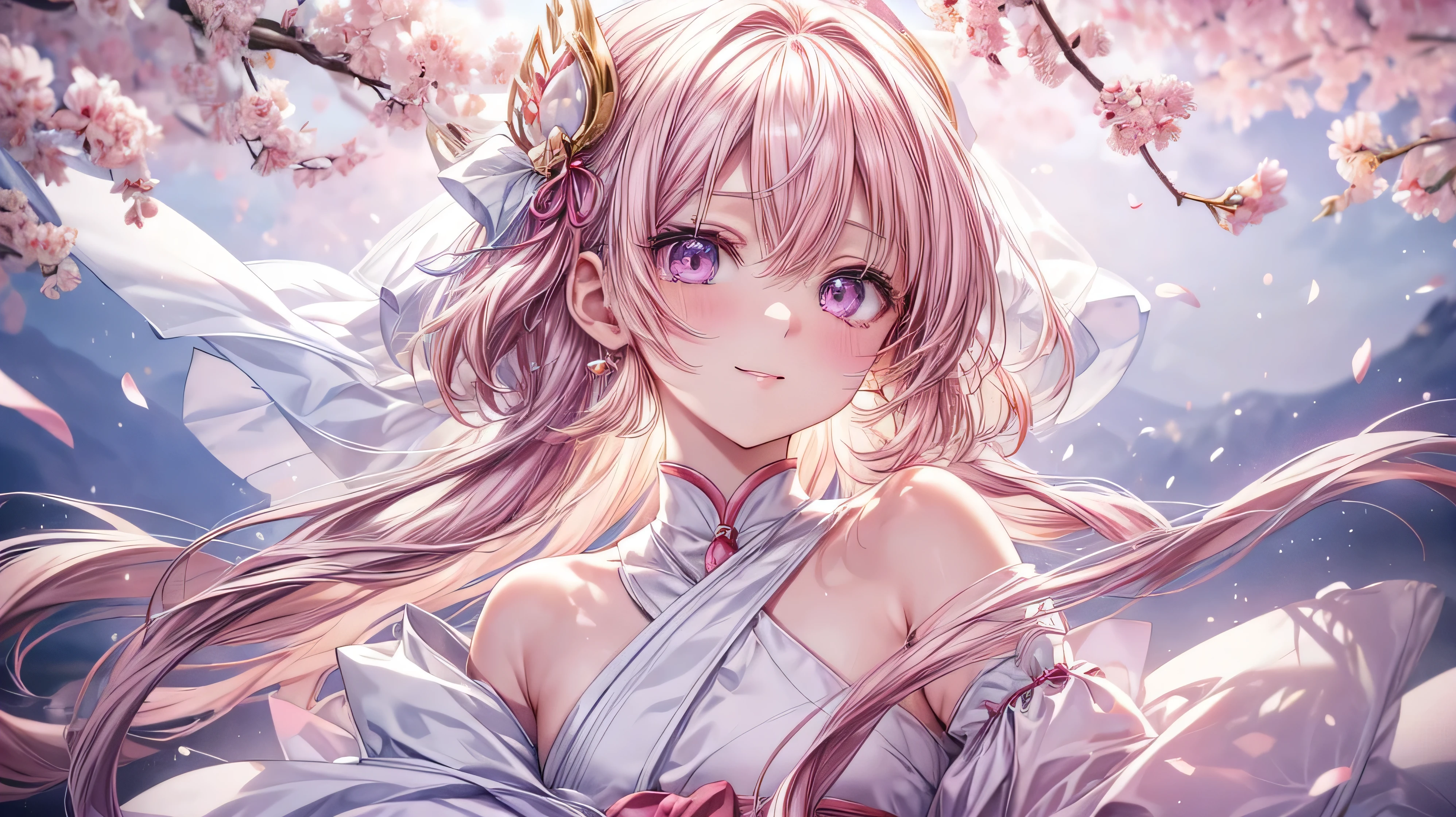 ((Sakura Kinomoto)), ((whole body)) (Highest quality、masterpiece、Ultra-fine、Ultra-fine、delicate、delicate、16k、Full HD) 、Dramatic lighting、Warm lighting、Soft lighting、Ambient Lighting、((Only one person:1.5)) 、、smile、(Purple Eyes、Long eyelashes、White skin、slim、Pale pink lips、Pale pink cheeks、Blonde、thin and long)、(Thin and high nose、Small Nose)、