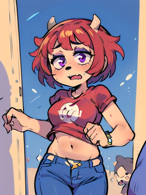 1girl, lammy, furry, red hair, short hair, horns, red shirt, dark purple eyes, tanned, blue jeans, midriff, running scared late.at night  monster