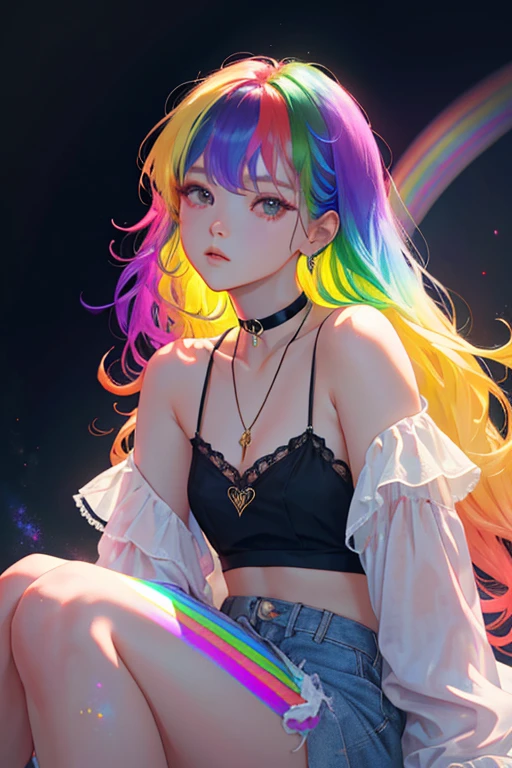 1girl, Black Choker, cute little, (Kpop Idle), (attractiveness:1), fashionable, (Platinum Blonde Hair:0.8), long hair, dramatic, intense, Irridescent color, (Rainbow:1.4), sitting, (full shot:1.3), (Delicate images), (Highly detailed), (high resolution), (Best quality), (masterpiece)
