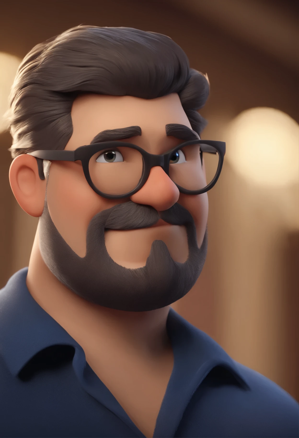 Cartoon character of a chubby man in black glasses and blue shirt, um personagem animado, Caractere estilizado, animation style rendering, 3D estilizado, Arnold Maya rendering, Stylized 3D rendering, toon render screenshot, Personagem 3D, Personagem 3D, Stylized 3D rendering, 3D character rendering, personagem de desenho animado, Personagem de close up, Pose de personagem, (Estilo Pixar) (parte mestre:1.2) (Bokeh) (melhor qualidade) (pele detalhada) (textura detalhada) (8k) (argila) (cinematic lighting) (sharp focus,Senta e vaza a parte superior do corpo