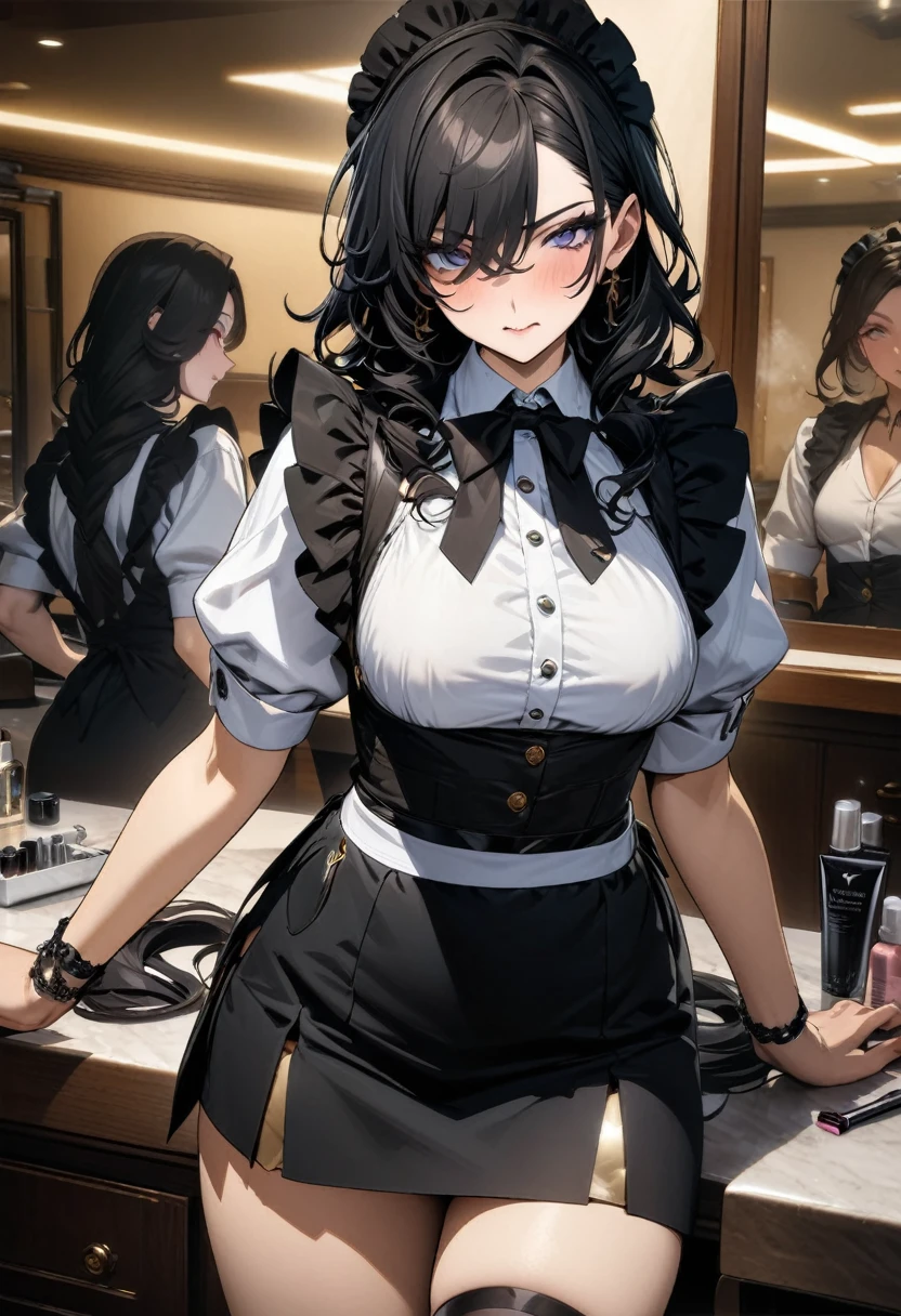 (masterpiece, highest quality, highest quality, Official Art, Cosmetology and aesthetics: 1.2), A cross-dressing boy with shoulder-length black hair and a short skirt wearing a maid's uniform、Cute, delicate and short, Cleaning on all fours,Turning her back