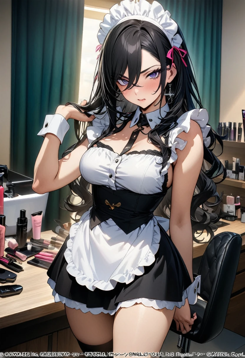 (masterpiece, highest quality, highest quality, Official Art, Cosmetology and aesthetics: 1.2), A cross-dressing boy with shoulder-length black hair and a short skirt wearing a maid's uniform、Cute, delicate and short, Cleaning on all fours,Turning her back