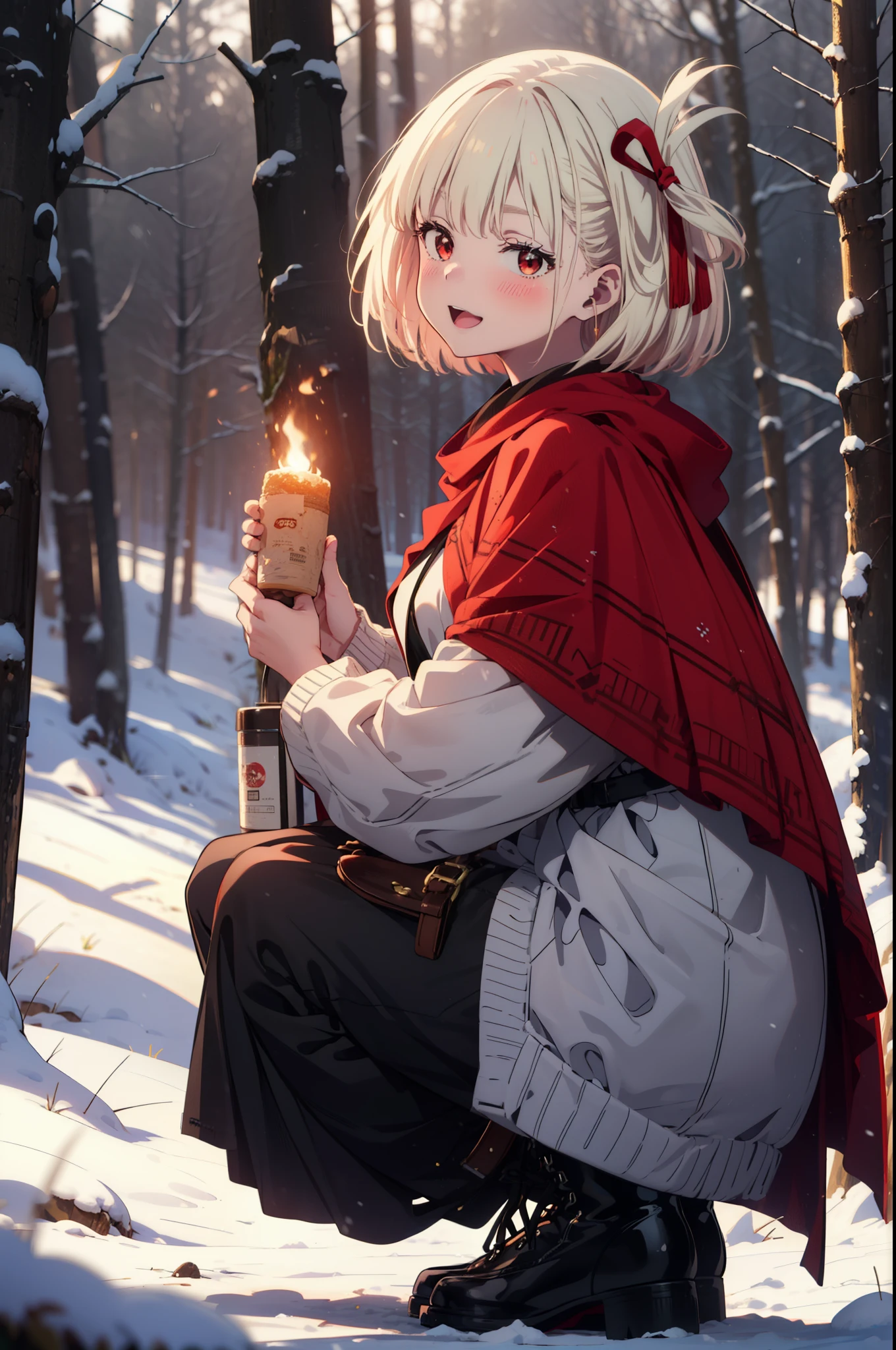 chisatonishikigi, Chisato Nishikigi, short hair, bangs, Blonde, (Red eyes:1.5), hair ribbon, One side up, Bobcut,smile,blush,happy smile, smile, Open your mouth,
White Breath, Open your mouth,snow, A bonfire on the ground, Outdoor, boots, snowing, From the side, wood, suitcase, Cape, Blurred, Increase your meals, forest, White handbag, nature, Squat, Mouth closed, フードed Cape, winter, Written boundary depth, Black shoes, red Cape break looking at viewer, Upper Body, whole body, break Outdoor, forest, nature, break (masterpiece:1.2), highest quality, High resolution, unity 8k wallpaper, (shape:0.8), (Beautiful and beautiful eyes:1.6), Highly detailed face, Perfect lighting, Highly detailed CG, (Perfect hands, Perfect Anatomy),