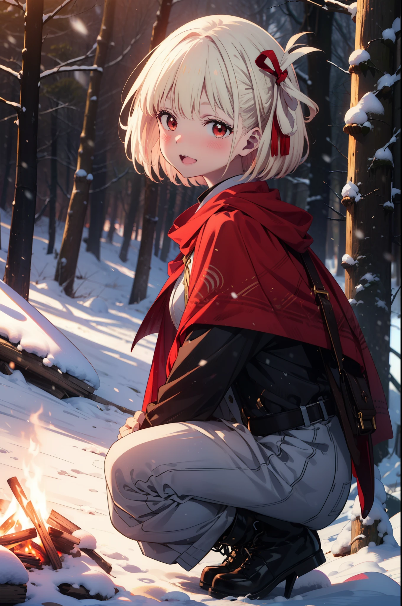 chisatonishikigi, Chisato Nishikigi, short hair, bangs, Blonde, (Red eyes:1.5), hair ribbon, One side up, Bobcut,smile,blush,happy smile, smile, Open your mouth,
White Breath, Open your mouth,snow, A bonfire on the ground, Outdoor, boots, snowing, From the side, wood, suitcase, Cape, Blurred, Increase your meals, forest, White handbag, nature, Squat, Mouth closed, フードed Cape, winter, Written boundary depth, Black shoes, red Cape break looking at viewer, Upper Body, whole body, break Outdoor, forest, nature, break (masterpiece:1.2), highest quality, High resolution, unity 8k wallpaper, (shape:0.8), (Beautiful and beautiful eyes:1.6), Highly detailed face, Perfect lighting, Highly detailed CG, (Perfect hands, Perfect Anatomy),