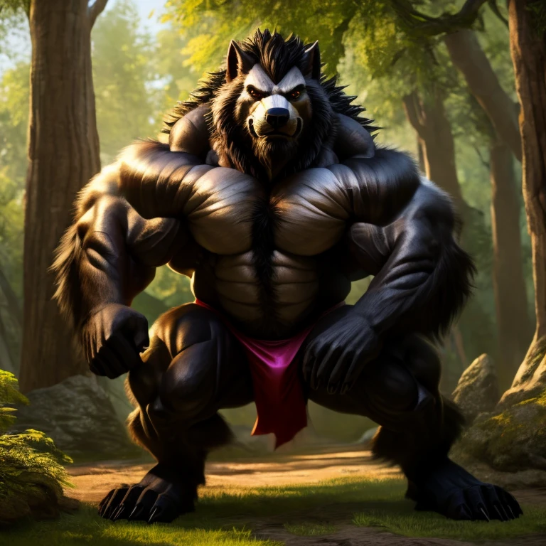 Lobo macho, pelo preto, olhos amarelos, musculos enormes, musculos detalhados, olhando para o espectador, (fotorealista), em uma floresta em baixo do brilho do luar com uma pose quente, alta qualidade, 4K