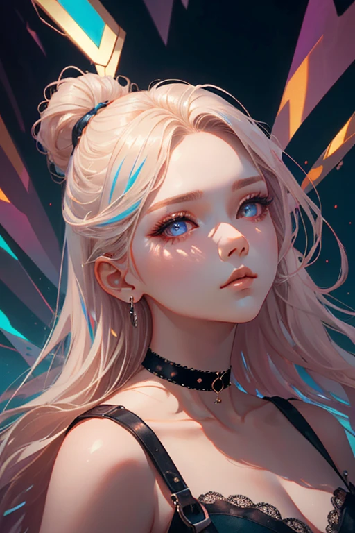1girl, Black Choker, cute little, (Kpop Idle), (attractiveness:1), fashionable, (Platinum Blonde Hair:0.8), long hair, dramatic, intense, Irridescent color, pose, (full shot:1.3), (surreal:1.4), (Highly detailed), (high resolution), (Best quality), (masterpiece)