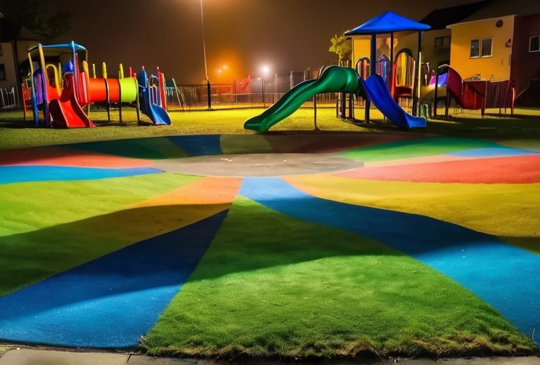 Late night a playground little children Shadows old grass colorful playground.