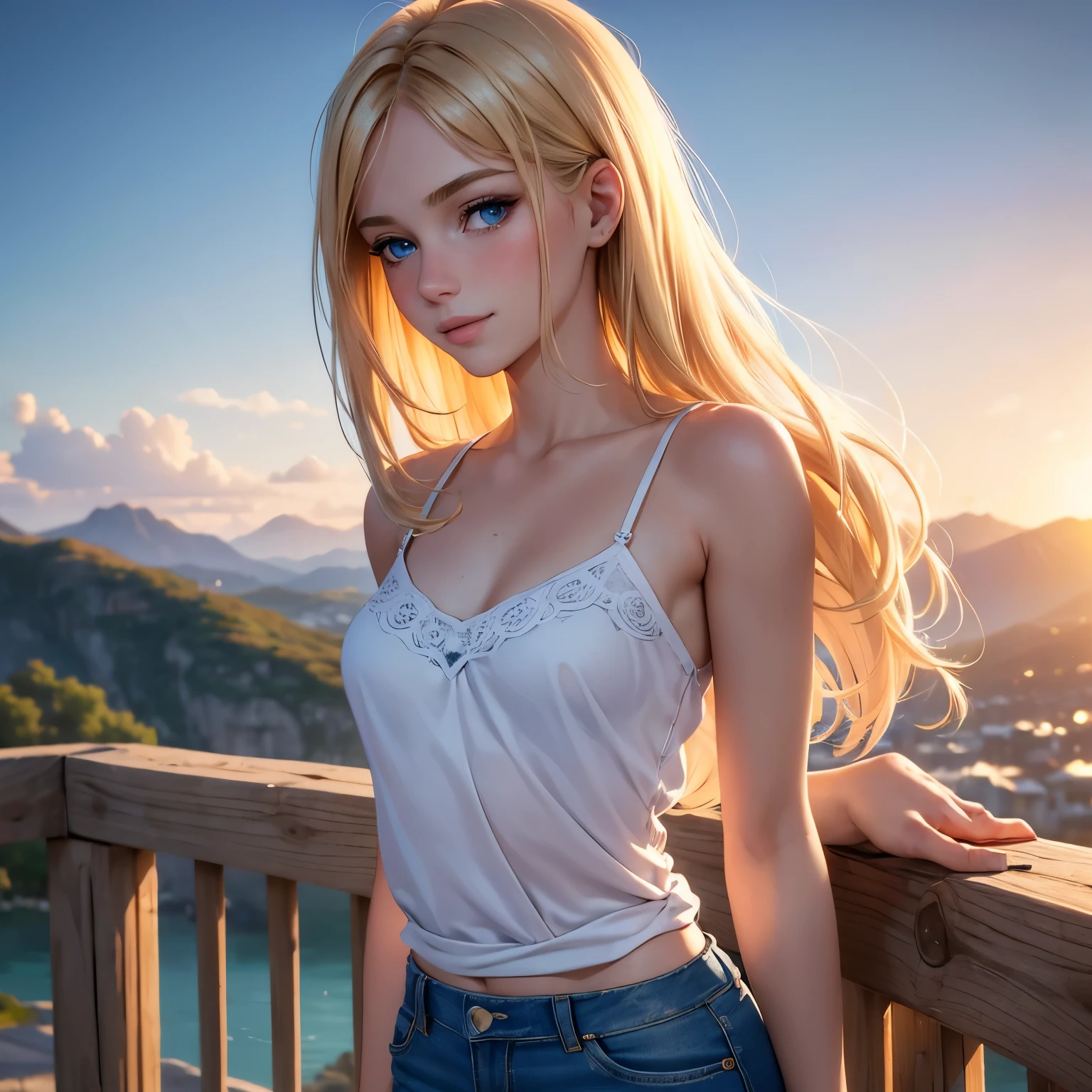(masterpiece, best quality:1.4), (8K), Young blonde beauty, (((18 years old, neat girl))), detailed blue eyes, long eyelashes, blush, kind smile, upper body, small breats, denim short shorts, (from side), (looking at viewer), beautiful blonde hair, white-skinned, long hair, parted bangs, (small breasts), (valley, beautiful and magnificent skyline, majestic sky), colorful natural light)