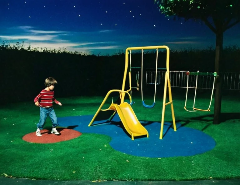 90sgum, interior of Late night a playground  Shadows old grass colorful playground 