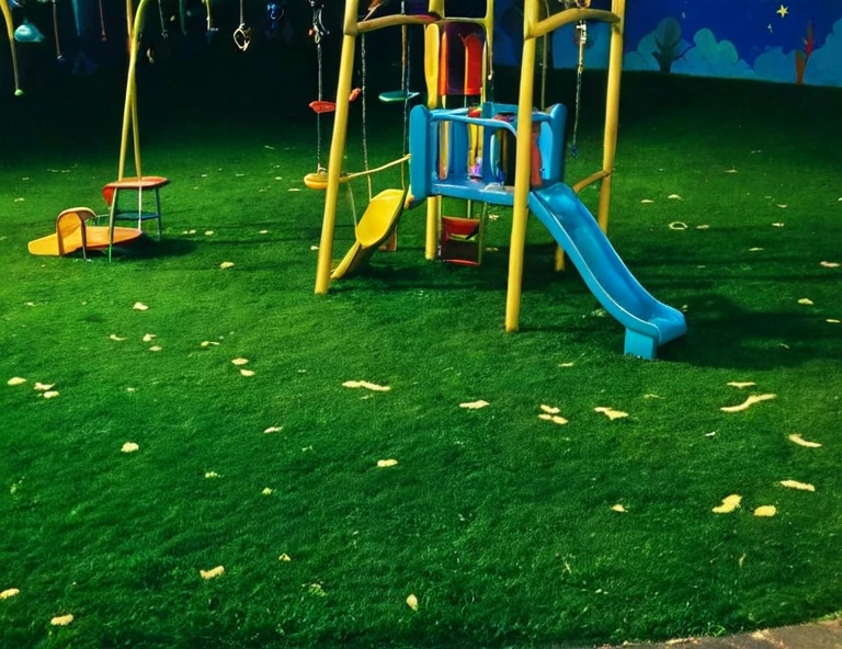 90sgum, interior of Late night a playground little children Shadows old grass colorful playground