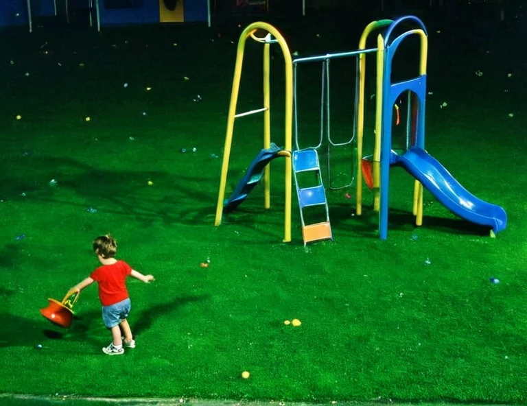 90sgum, interior of Late night a playground little children Shadows old grass colorful playground