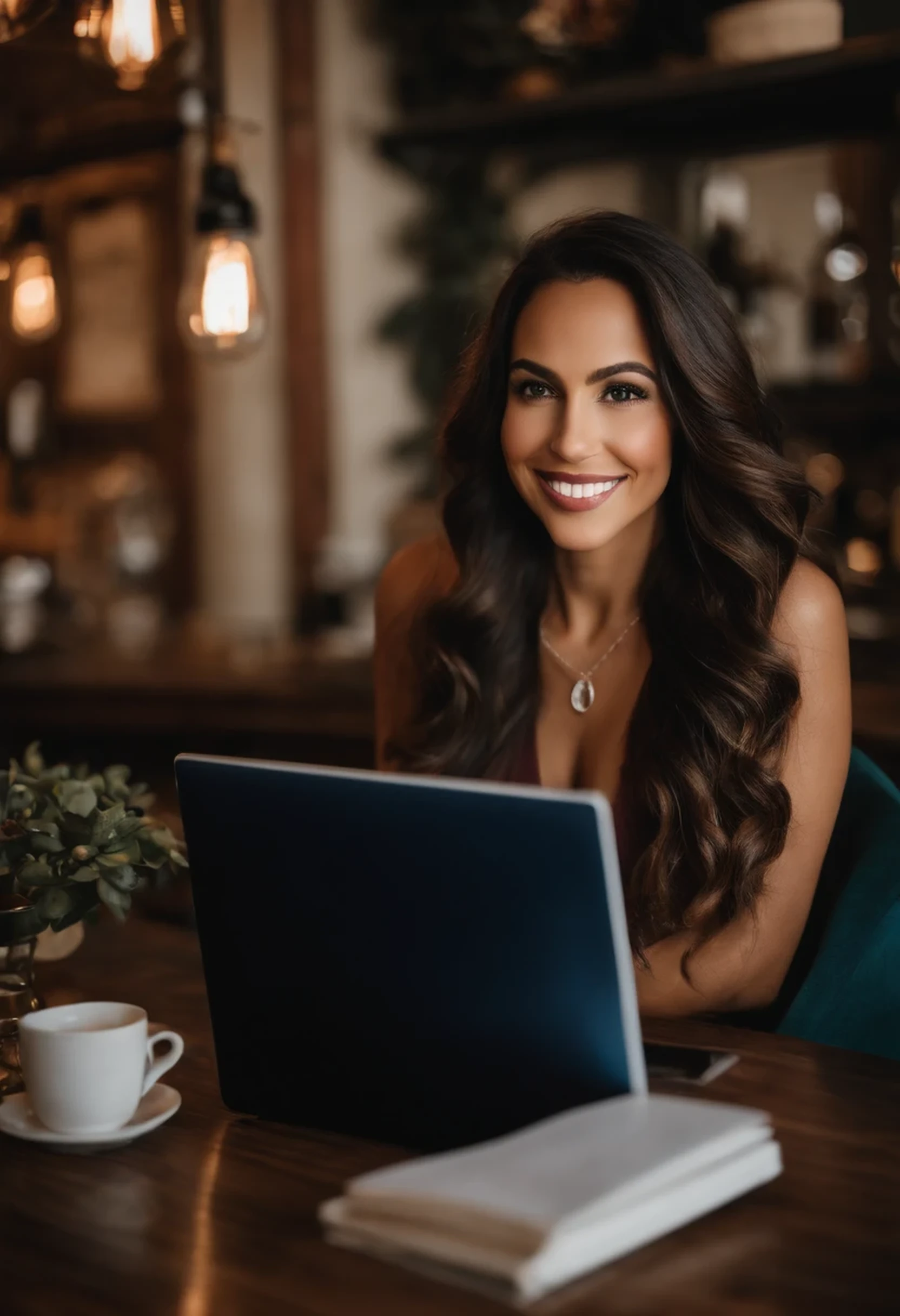 A photo of Isabella sitting in a cozy cafe., with a laptop open in front of her and a stack of sex education books next to her.,original,dr.. Isabella Marquez, el terapeuta sexual, encarna un aura de belleza natural con su larga, pelo que fluye, most striking features, and a warm, Sonrisa acogedora que tranquiliza a sus clientes.. Su estilo es a la vez profesional y atractivo., a menudo vistiendo chic, vestidos ajustados que complementan su confianza, comportamiento elegante.