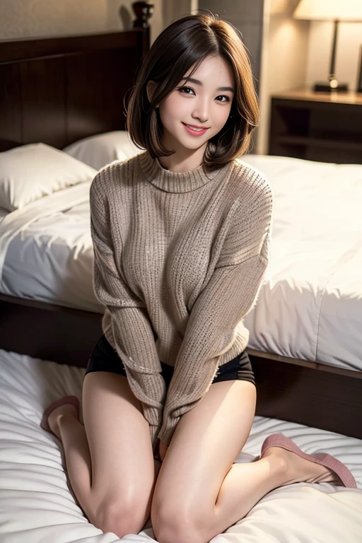 ((full body)),((full pose picture)) Masterpiece: 1.3), (8K, Photorealistic, RAW Photography, Best Quality: 1.4), Japan Girls, Standard Body Shape: 1.3, (light brown straight bob Hairstyle: 1.4),  Ultra Detail Face, Eyes of Detail, Double Eyelids, slim legs, slim body, 20 years old girl, , ((lying on bed:1.4)), Slouching Breasts, Sharp Focus: 1.2, Pretty Women: 1.4, Light black Hair, Top Quality, wink, blushing, Masterpiece, ((smile:1.3)), Ultra high resolution, firm buttocks, black eye shadow, (photorealistic: 1.4), very detailed and professional lighting serious smile, white woolen sweater:1.4, hotel room, black pantyhose:1.3,