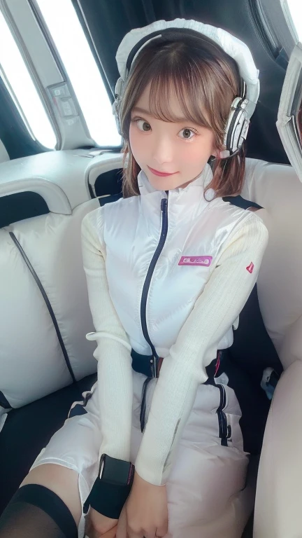 (masterpiece:1.5)、(Realistic:1.5)、(highest quality:1.4、8k、RAW Photos）、
Ultra-high resolution、Professional Lighting、Perfect dynamic composition、Photographed indoors、
Film Grain、chromatic aberration、(Bokeh:1.1)、
Frank、Sophisticated、charm、Ultra-realistic、Attention to detail、Golden Ratio、
(1 girl)、Slender girl、Delicate and charming girl、Cute Woman:1.4、
Serious expression、Looking at the audience、Sculptural installation、Sit on the sofa and relax、
Light brown hair、Shiny Hair、Hairstyle: Ponytail、
real skin、
Shut your mouth.、Beautiful Eyes、double eyelid、Thin arms、、
、Show off your thighs,(astrovest):5,(shiny white log downvest):3,BREAK ((Detailed face, Professional photography)), ((NSFW, zettai ryouiki, 1 girl)), Ultra-high resolution, (Realistic: 1.4), RAW Photos, highest quality, (PhotoRealistic Stick), concentrated, Soft Light, ((30 years old)), ((Japanese)), (( (Young Face))), (surface), (Depth of written boundary), masterpiece, (Realistic),(inside ISS):3, woman, ,astrovest:2,headphone:2,smartwatch,,bangs, ((1 girl)),(black sleeves):2,(black tights):2,inside spacestation,inside spacecraft,,zero gravity,smile,open leg,blush:1.5,hidden hands,neotech