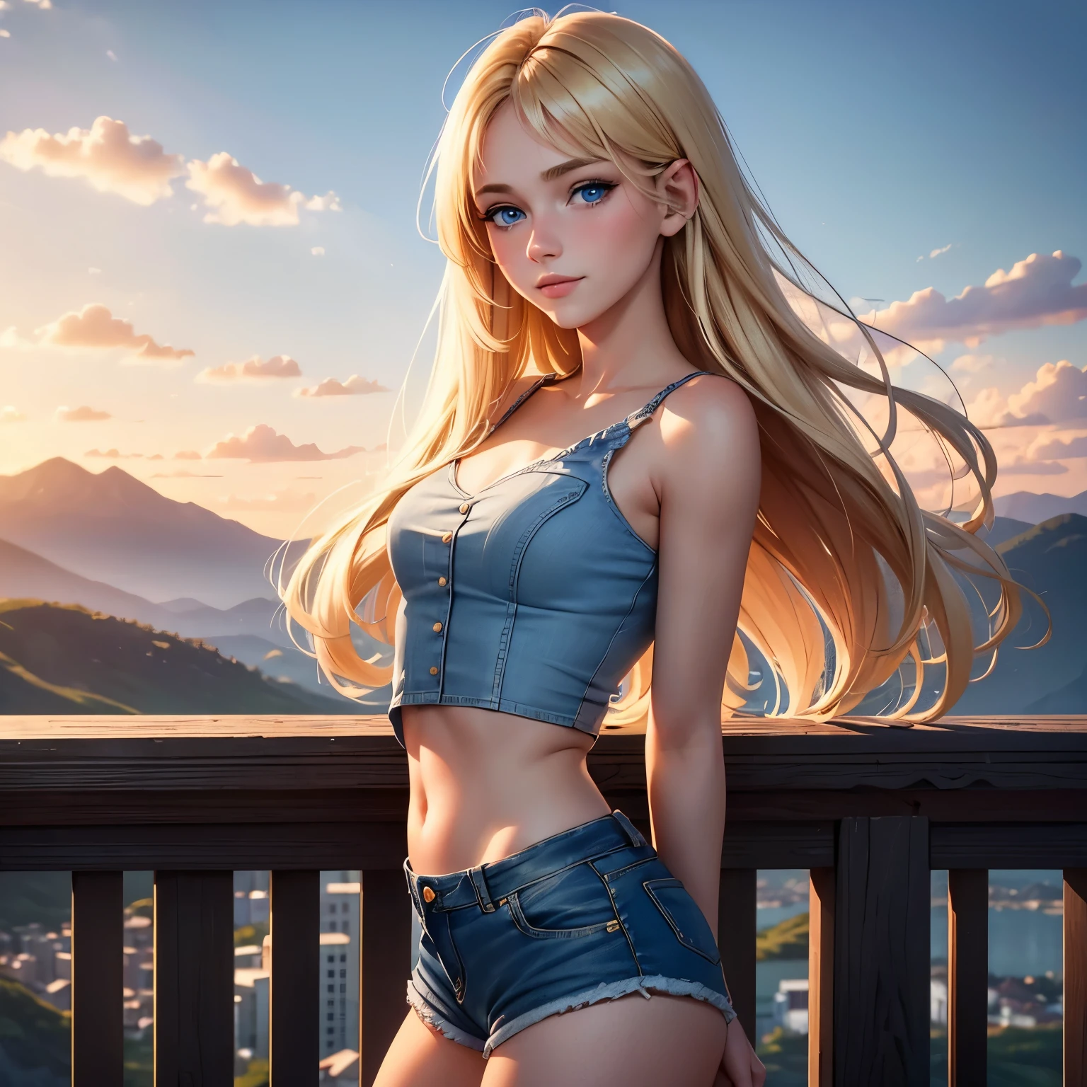(masterpiece, best quality:1.4), (8K), Young blonde beauty, (((18 years old, neat girl))), detailed blue eyes, long eyelashes, blush, kind smile, upper body, small breats, denim short shorts, (from side), (looking at viewer), beautiful blonde hair, white-skinned, long hair, parted bangs, (small breasts), (valley, beautiful and magnificent skyline, majestic sky), colorful natural light)