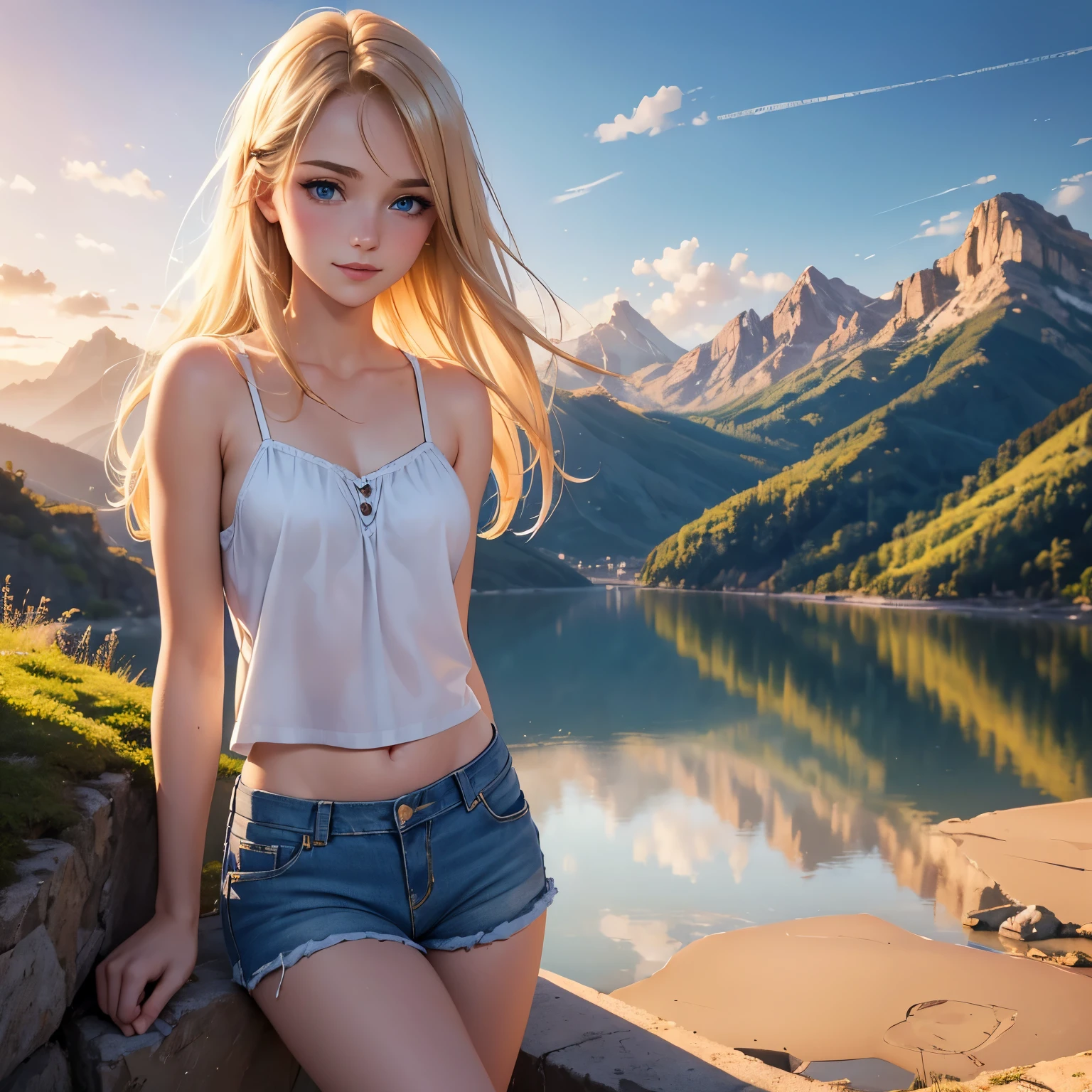 (masterpiece, best quality:1.4), (8K), Young blonde beauty, (((18 years old, neat girl))), detailed blue eyes, long eyelashes, blush, kind smile, upper body, small breats, denim short shorts, (from side), (looking at viewer), beautiful blonde hair, white-skinned, long hair, parted bangs, (small breasts), (valley, beautiful and magnificent skyline, majestic sky), colorful natural light)